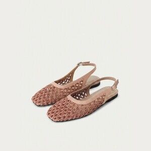 Pink Woven Cross Strap Slingback Sandals Square Toe Braided Flats
